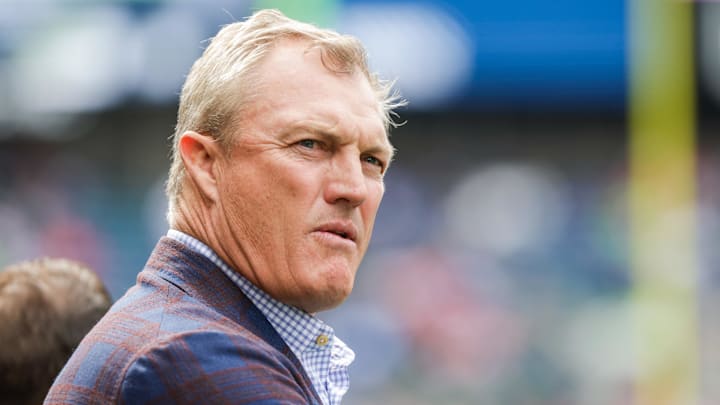 Sep 7, 2025; Seattle, Washington, USA; San Francisco 49ers general manager John Lynch watches pregame warmups against the Seattle Seahawks at Lumen Field. Mandatory Credit: Joe Nicholson-Imagn Images