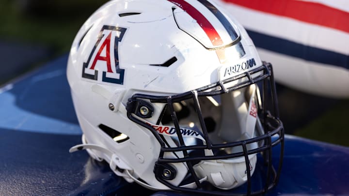 Nov 8, 2025; Tucson, Arizona, USA; Detailed view of an Arizona Wildcats helmet at Arizona Stadium. Mandatory Credit: Mark J. Rebilas-Imagn Images