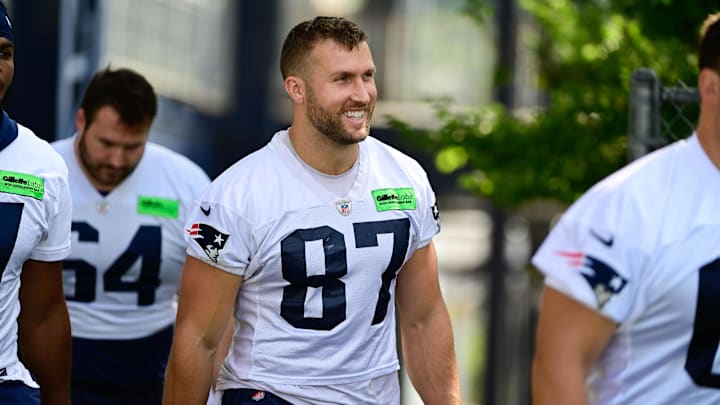 Jul 26, 2023; Foxborough, MA, USA; New England Patriots tight end Matt Sokol (87) makes his way to the practice field.