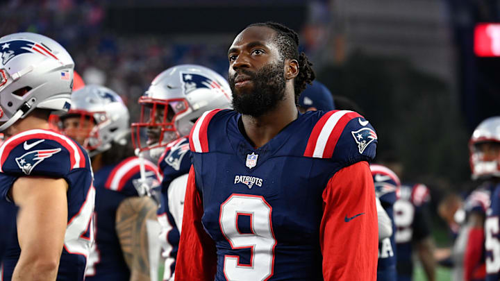 Aug 10, 2023; Foxborough, Massachusetts, USA; New England Patriots linebacker Matthew Judon (9) roams the sideline during the first half against the Houston Texans at Gillette Stadium. Mandatory Credit: Eric Canha-USA TODAY Sports