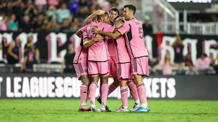 Aug 8, 2024; Ft. Lauderdale, Florida, USA; Inter Miami CF midfielder Matias Rojas (7) celebrates with defender Sergio Busquets (5) defender Yannick Bright (42) and defender Jordi Alba (18) after scoring a goal against Toronto FC in the second half during the Leagues Cup round of 32 at Chase Stadium. Mandatory Credit: Nathan Ray Seebeck-USA TODAY Sports