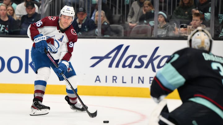 Apr 22, 2023; Seattle, Washington, USA; Colorado Avalanche right wing Mikko Rantanen (96) passes the