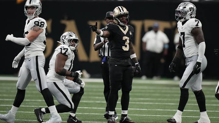 Sep 27, 2026; New Orleans, Louisiana, USA; New Orleans Saints running back Travis Etienne Jr. (3) reacts in the second half against the Las Vegas Raiders at Caesars Superdome. Mandatory Credit: Matthew Hinton-Imagn Images Sep 27, 2026; New Orleans, Louisiana, USA; New Orleans Saints running back Travis Etienne Jr. (3) reacts in the second half against the Las Vegas Raiders at Caesars Superdome. Mandatory Credit: Matthew Hinton-Imagn Images