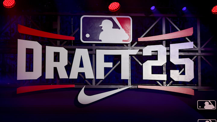 Jul 13, 2025; Atlanta, GA, USA; A general view of MLB Draft signage on the stage at The Coca-Cola Roxy. Mandatory Credit: Brett Davis-Imagn Images
