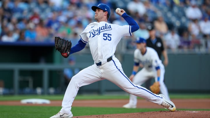Jun 24, 2024; Kansas City, Missouri, USA; Kansas City Royals pitcher Cole Ragans (55) pitches during the first inning against the Miami Marlins at Kauffman Stadium. Mandatory Credit: William Purnell-USA TODAY Sports Jun 24, 2024; Kansas City, Missouri, USA; Kansas City Royals pitcher Cole Ragans (55) pitches during the first inning against the Miami Marlins at Kauffman Stadium. Mandatory Credit: William Purnell-USA TODAY Sports