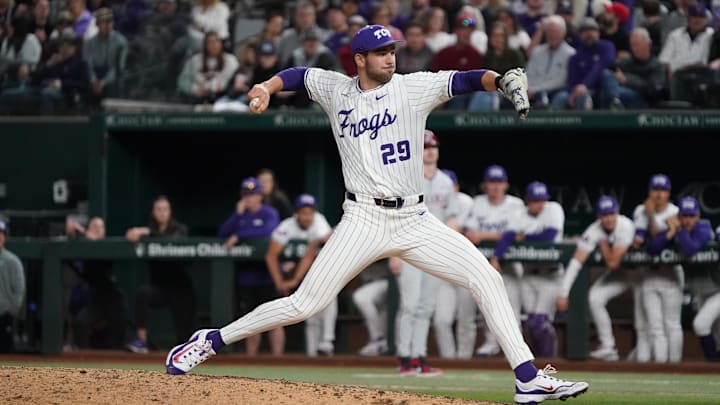 Feb 22, 2025; Arlington, TX, USA; The Arkansas Razorbacks play the TCU Horned Frogs during the Amegy Bank College Baseball Series presented by Kubota Weekend 2 at Globe Life Field. Mandatory Credit: Raymond Carlin III-Imagn Images