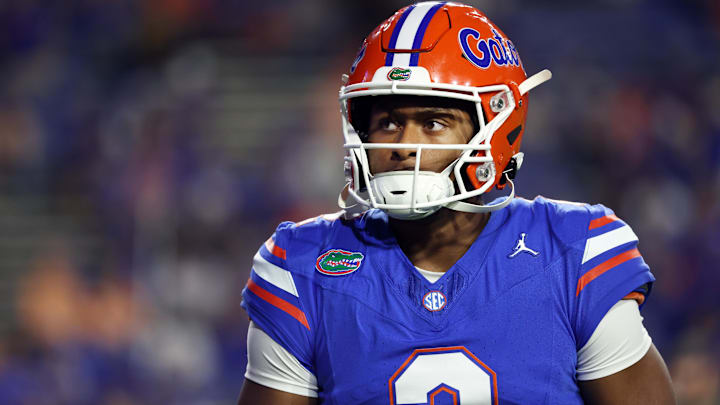 Nov 22, 2025; Gainesville, Florida, USA; Florida Gators quarterback DJ Lagway (2) works out prior to the game against the Tennessee Volunteers  at Ben Hill Griffin Stadium. Mandatory Credit: Kim Klement Neitzel-Imagn Images