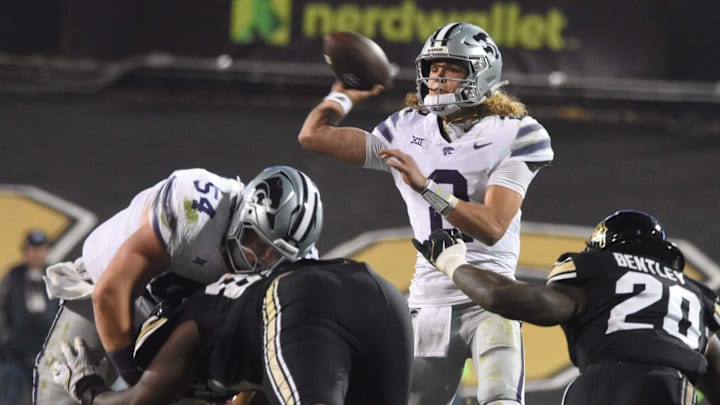 Kansas State quarterback Avery Johnson (2) throws a pass against Colorado on Oct. 12, 2024 in Boulder, Colorado.