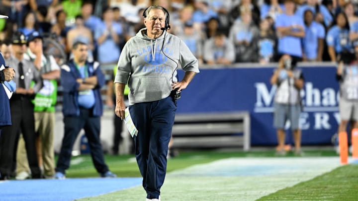 Sep 1, 2025; Chapel Hill, North Carolina, USA; North Carolina Tar Heels head coach Bill Belichick on the sidelines in the first quarter at Kenan Stadium. Mandatory Credit: Bob Donnan-Imagn Images