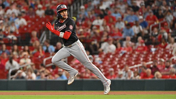Sep 18, 2026; St. Louis, Missouri, USA;  Washington Nationals shortstop CJ Abrams (5) steals second against the St. Louis Cardinals during the first inning at Busch Stadium.  Mandatory Credit: Jeff Le-Imagn Images