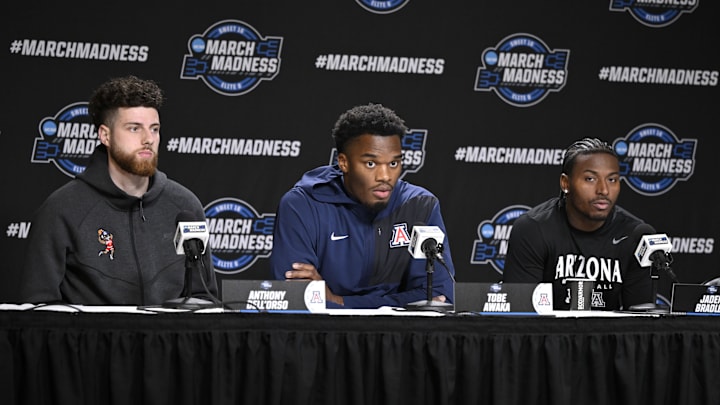 Arizona Wildcats guard Anthony Dell'orso (3), forward Tobe Awaka (30), and guard Jaden Bradley (0) address the media in a press conference during a practice session ahead of the west regional of the men's 2026 NCAA Tournament at SAP Center. Arizona Wildcats guard Anthony Dell'orso (3), forward Tobe Awaka (30), and guard Jaden Bradley (0) address the media in a press conference during a practice session ahead of the west regional of the men's 2026 NCAA Tournament at SAP Center.