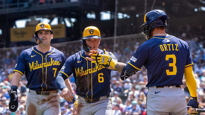 Jul 23, 2025; Seattle, Washington, USA; Milwaukee Brewers left fielder Isaac Collins (6) and first baseman Tyler Black (7) are congratulated by shortstop Joey Ortiz (3) after scoring runs during the second inning against the Seattle Mariners at T-Mobile Park. Mandatory Credit: Stephen Brashear-Imagn Images Jul 23, 2025; Seattle, Washington, USA; Milwaukee Brewers left fielder Isaac Collins (6) and first baseman Tyler Black (7) are congratulated by shortstop Joey Ortiz (3) after scoring runs during the second inning against the Seattle Mariners at T-Mobile Park. Mandatory Credit: Stephen Brashear-Imagn Images