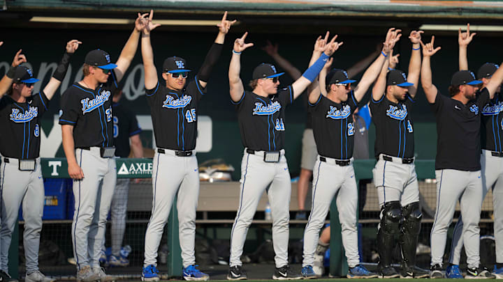 The Kentucky baseball team celebrates a home run during a NCAA baseball game between Tennessee and Kentucky at Lindsey Nelson Stadium in Knoxville, Tenn., on April 18, 2025.