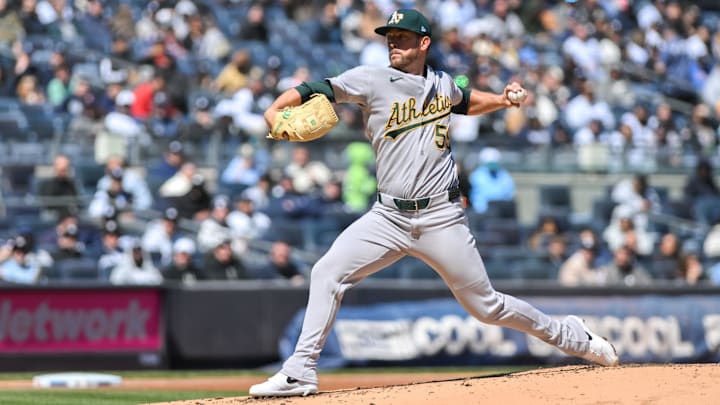Apr 9, 2026; Bronx, New York, USA; Athletics pitcher Jeffrey Springs (59) pitches against the New York Yankees during the first inning at Yankee Stadium. 