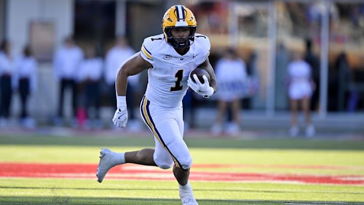 Nov 30, 2024; Dallas, Texas, USA; California Golden Bears running back Jaydn Ott (1) in action during the game between the SMU Mustangs and the California Golden Bears at Gerald J. Ford Stadium. Mandatory Credit: Jerome Miron-Imagn Images