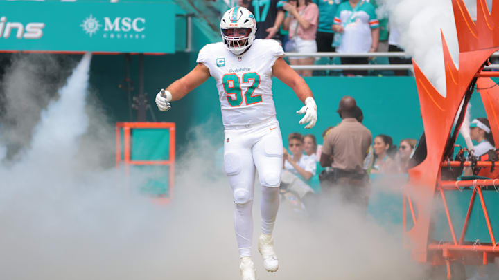 Miami Dolphins defensive tackle Zach Sieler (92) is introduced to the fan before the game against the New England Patriots at Hard Rock Stadium. Miami Dolphins defensive tackle Zach Sieler (92) is introduced to the fan before the game against the New England Patriots at Hard Rock Stadium.
