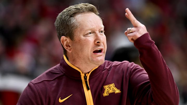 Mar 4, 2026; Bloomington, Indiana, USA; Minnesota Golden Gophers head coach Niko Medved reacts after a play against the Indiana Hoosiers during the second half at Simon Skjodt Assembly Hall. Mandatory Credit: Robert Goddin-Imagn Images