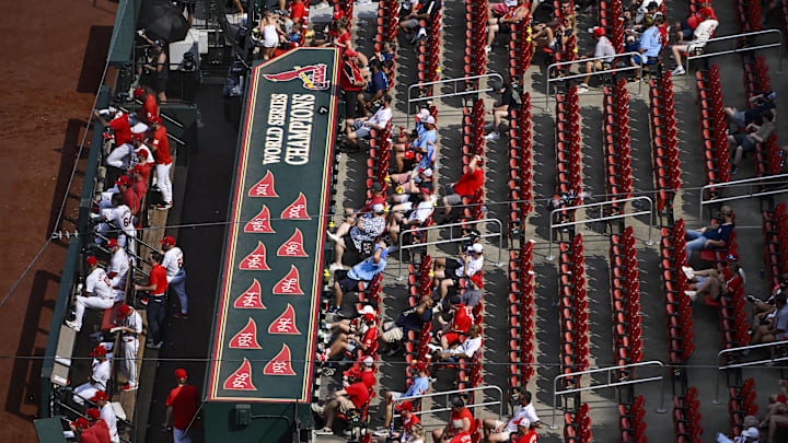 Aug 29, 2024; St. Louis, Missouri, USA;  A general view as fans look on from their seats during the eighth inning of a game between the St. Louis Cardinals and the San Diego Padres at Busch Stadium. Mandatory Credit: Jeff Curry-Imagn Images