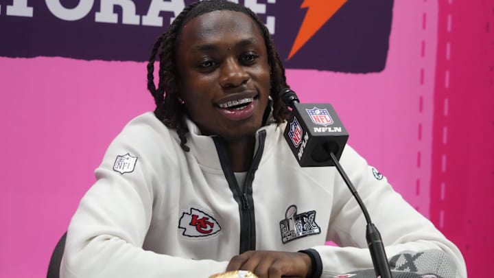 Feb 3, 2025; New Orleans, LA, USA; Kansas City Chiefs wide receiver Xavier Worthy (1) during Super Bowl LIX Opening Night at Caesars Superdome. Feb 3, 2025; New Orleans, LA, USA; Kansas City Chiefs wide receiver Xavier Worthy (1) during Super Bowl LIX Opening Night at Caesars Superdome.