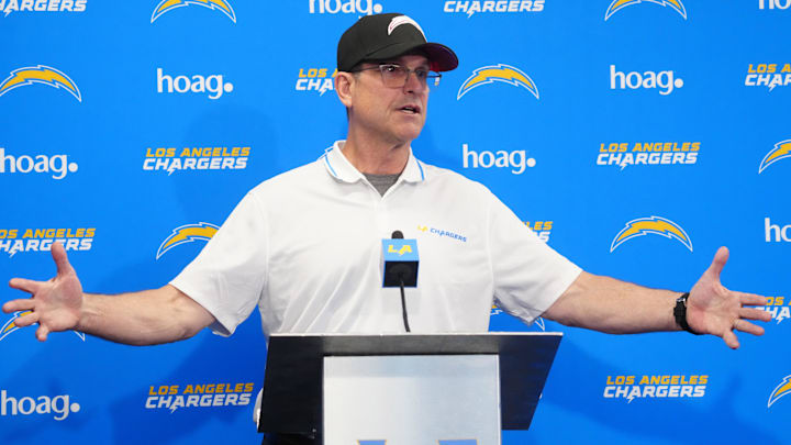 Apr 2, 2024; Costa Mesa, CA, USA; Los Angeles Chargers coach Jim Harbaugh speaks at press conference