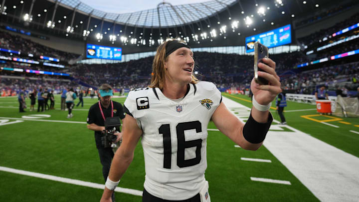 Oct 8, 2023; London United Kingdom; Jacksonville Jaguars quarterback Trevor Lawrence (16) walks off