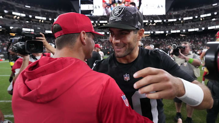 Aug 13, 2023; Paradise, Nevada, USA; Las Vegas Raiders quarterback Jimmy Garoppolo (right) and San