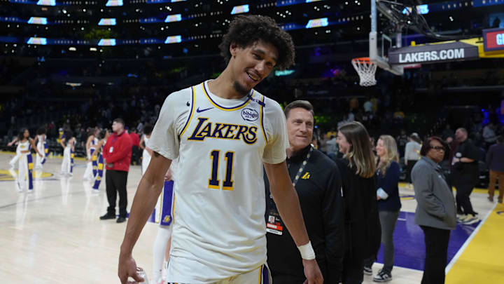 Mar 16, 2025; Los Angeles, California, USA; Los Angeles Lakers center Jaxson Hayes (11) leaves the court after the game against the Phoenix Suns at Crypto.com Arena. Mandatory Credit: Kirby Lee-Imagn Images