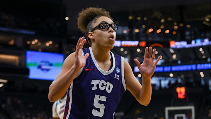 Mar 30, 2026; Sacramento, CA, USA;  Texas Christian University Horned Frogs guard Olivia Miles (5) reacts to a called foul during the first quarter of the game against the South Carolina Gamecocks in an Elite Eight game in the Sacramento Regional 4 of the women's 2026 NCAA Tournament at the Golden 1 Center. Mandatory Credit: Ed Szczepanski-Imagn Images