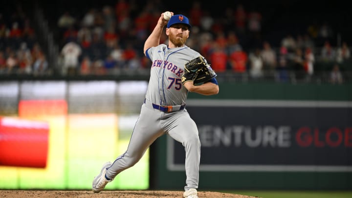 Jul 1, 2024; Washington, District of Columbia, USA; New York Mets relief pitcher Reed Garrett (75) prepares the throw a pitch against the Washington Nationals during the tenth inning at Nationals Park. Mandatory Credit: Rafael Suanes-USA TODAY Sports Jul 1, 2024; Washington, District of Columbia, USA; New York Mets relief pitcher Reed Garrett (75) prepares the throw a pitch against the Washington Nationals during the tenth inning at Nationals Park. Mandatory Credit: Rafael Suanes-USA TODAY Sports