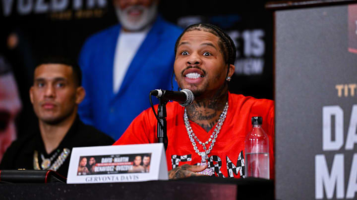 GERVONTA DAVIS having fun and full of energy during the press conference on May 5, 2024. GERVONTA DAVIS having fun and full of energy during the press conference on May 5, 2024.