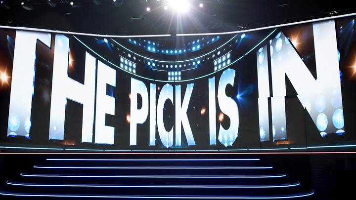 Jun 27, 2025; Los Angeles, California, USA; The video board shows the 20th overall pick for the Columbus Blue Jackets is about to be announced in the first round of the 2025 NHL Draft at Peacock Theater. 