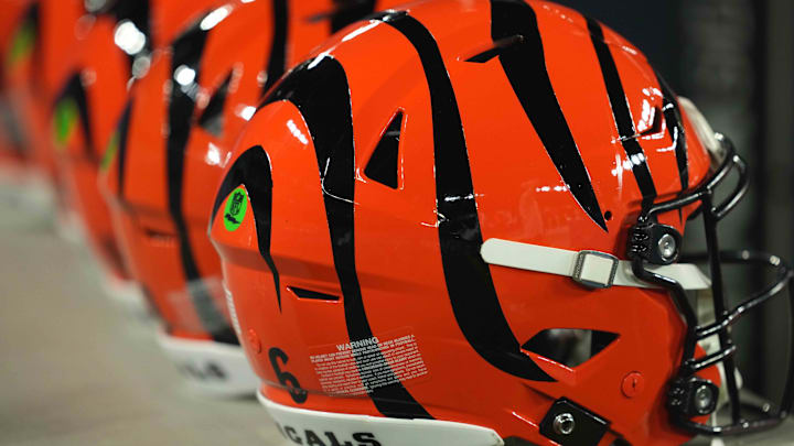 Nov 7, 2024; Baltimore, Maryland, USA; A general view of the Cincinnati Bengals helmets prior to the game against the Baltimore Ravens at M&T Bank Stadium. Mandatory Credit: Mitch Stringer-Imagn Images