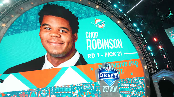 Penn State Nittany Lions defensive end Chop Robinson is selected as the No. 22 pick of the first round by the Miami Dolphins during the 2024 NFL Draft at Campus Martius Park and Hart Plaza.