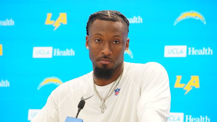 Jun 16, 2026, El Segundo, California; Los Angeles Chargers receiver Quentin Johnston at press conference atThe Bolt. Mandatory Credit: Kirby Lee-Imagn Images Jun 16, 2026, El Segundo, California; Los Angeles Chargers receiver Quentin Johnston at press conference atThe Bolt. Mandatory Credit: Kirby Lee-Imagn Images
