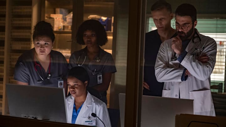 BRILLIANT MINDS -- 2 -- Pictured: (l-r) Aury Krebs as Dr. Dana Dang, Ashleigh LaThrop as Dr. Ericka Kinney, Teddy Sears as Dr. Josh Nichols, Zachary Quinto as Dr. Oliver Wolf -- (Photo by: Rafy/NBC)