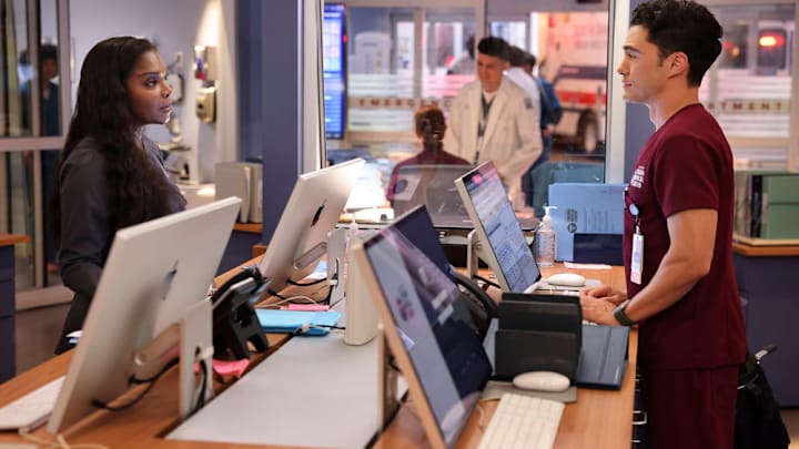 CHICAGO MED -- "Bite Your Tongue" Episode 1002 -- Pictured: (l-r) Marlyne Barrett as Maggie Lockwood, Darren Barnet as Dr. John Frost -- (Photo by: George Burns Jr/NBC)
