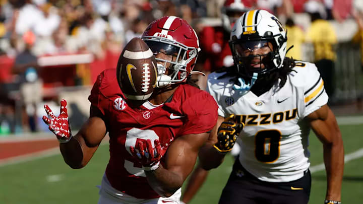 Alabama Defensive Back Jaylen Mbakwe (9) catches the ball against Mizzou at Bryant-Denny Stadium in Tuscaloosa, AL on Saturday, Oct 26, 2024.