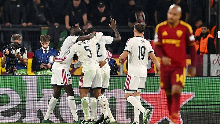 Antonio Rudiger, del Real Madrid, celebra su gol ante la Roma. 