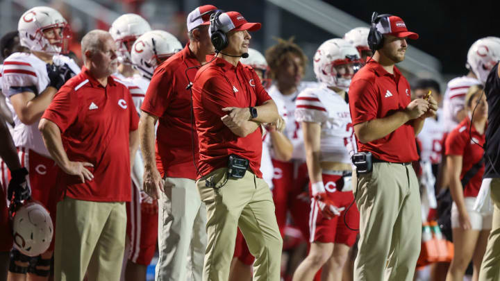 Carthage and head coach Scott Surratt (center) face Bullard in a Sept. 2023 Texas high school football showdown. Carthage and head coach Scott Surratt (center) face Bullard in a Sept. 2023 Texas high school football showdown.