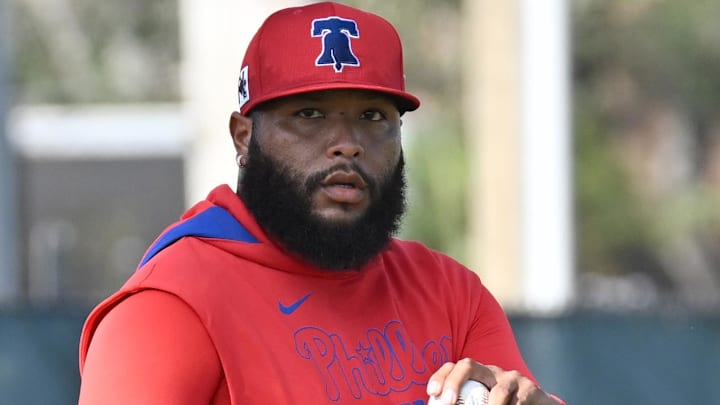 Feb 12, 2025; Clearwater, FL, USA;  Philadelphia Phillies pitcher Jose Alvarado (46)  prepares to warm up during a spring training workout at Carpenter Complex