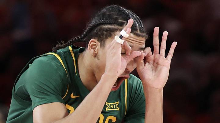 Mar 4, 2026; Houston, Texas, USA; Baylor Bears guard Cameron Carr (43) reacts to his three point basket against the Houston Cougars in the first half at Fertitta Center. Mandatory Credit: Thomas Shea-Imagn Images Mar 4, 2026; Houston, Texas, USA; Baylor Bears guard Cameron Carr (43) reacts to his three point basket against the Houston Cougars in the first half at Fertitta Center. Mandatory Credit: Thomas Shea-Imagn Images