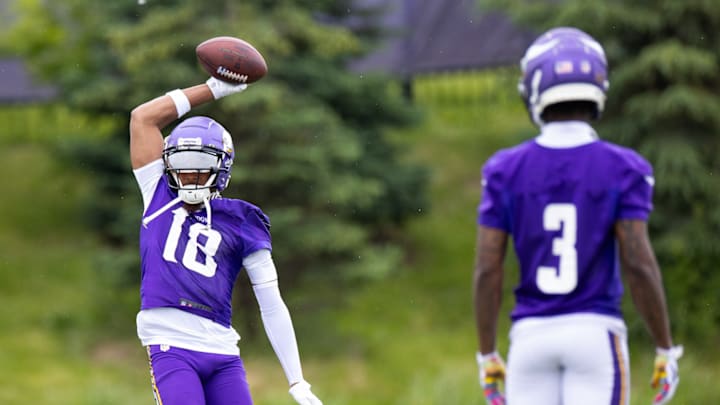 Justin Jefferson and Jordan Addison during an offseason practice. 