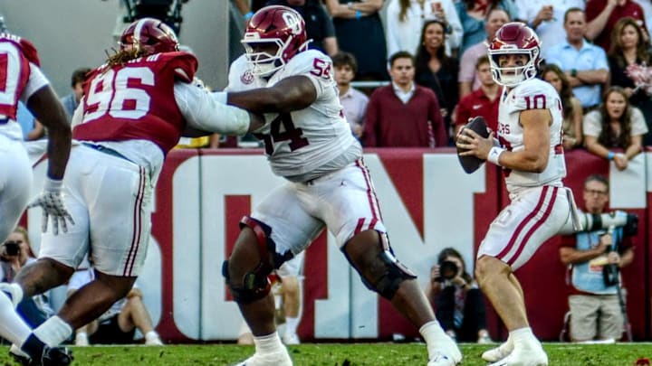 Oklahoma offensive lineman Febechi Nwaiwu protects quarterback John Mateer in the Sooners' first meeting with Alabama. Nwaiwu has been a consistent presence on the Sooners' offensive line over the last two seasons. Oklahoma offensive lineman Febechi Nwaiwu protects quarterback John Mateer in the Sooners' first meeting with Alabama. Nwaiwu has been a consistent presence on the Sooners' offensive line over the last two seasons.