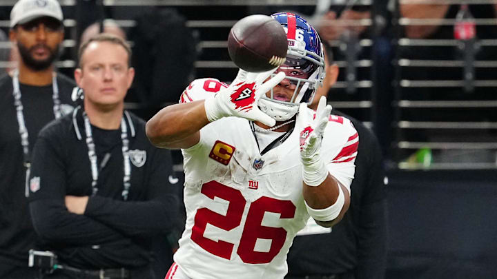 Nov 5, 2023; Paradise, Nevada, USA; New York Giants running back Saquon Barkley (26) looks to make a