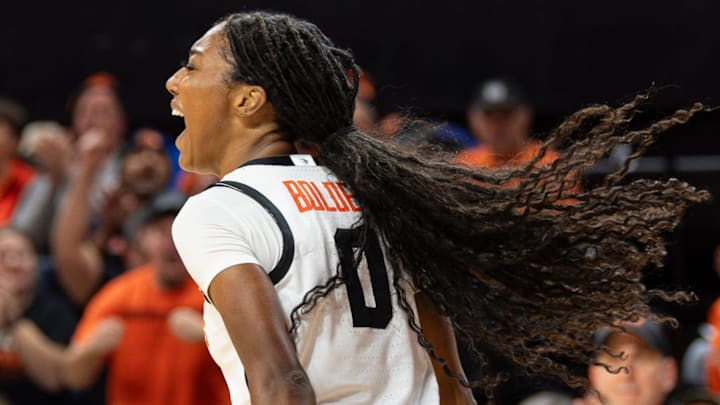 Oregon State's Tiara Bolden (0) celebrates making the shot and getting the foul during an NCAA basketball game at Gill Coliseum on Thursday, Jan. 9, 2025, in Corvallis, Ore. Oregon State's Tiara Bolden (0) celebrates making the shot and getting the foul during an NCAA basketball game at Gill Coliseum on Thursday, Jan. 9, 2025, in Corvallis, Ore.