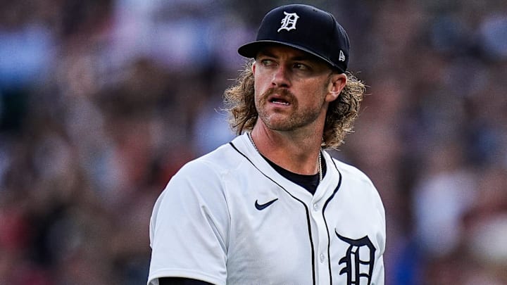 Detroit Tigers pitcher Chris Paddack (40) walks off the field after pitching second inning against Minnesota Twins at Comerica Park in Detroit in Tuesday, August 5, 2025.