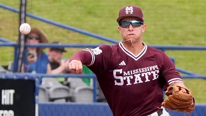 May 20, 2026; Hoover, AL, USA; Mississippi State third baseman Ace Reese fields a ball and throws to first for an out in the SEC Tournament game between Georgia and Mississippi State at the Hoover Met. May 20, 2026; Hoover, AL, USA; Mississippi State third baseman Ace Reese fields a ball and throws to first for an out in the SEC Tournament game between Georgia and Mississippi State at the Hoover Met.