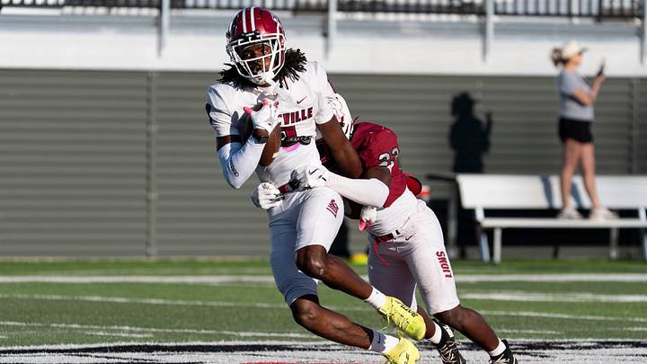 Prattville's Deshawn Hall (8) turns up field after a catch during the Prattville High School football spring game at Stanley-Jensen Stadium in Prattville, Ala. on Thursday, May 14, 2026. Prattville's Deshawn Hall (8) turns up field after a catch during the Prattville High School football spring game at Stanley-Jensen Stadium in Prattville, Ala. on Thursday, May 14, 2026.