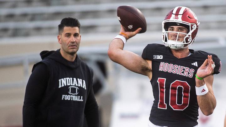 Indiana's Josh Hoover (10) during the Indiana football spring game at Memorial Stadium on Thursday, April 23, 2026.
