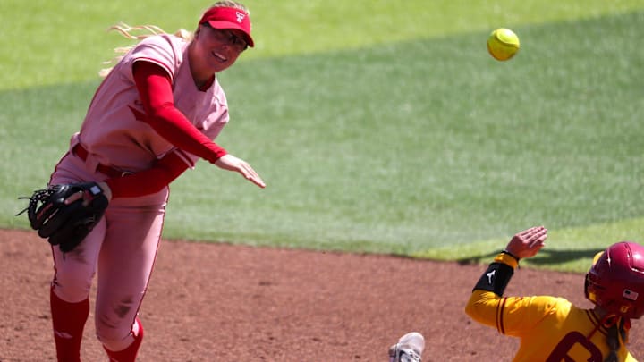 Texas Tech's Mia Williams attempts to turn a double play against Iowa State during a Big 12 Conference softball game, Sunday, March 29, 2026, at Tracy Sellers Field.